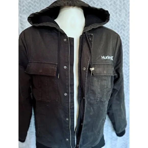 Hurley Mens Fleece Lined Hooded Black Canvas Denim Jacket- Small Outdoor Chore - Picture 2 of 5